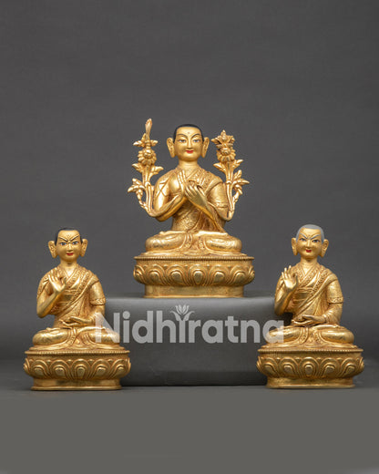 Front view Tsongkhapa with Two Disciples statue in Nepalese lost-wax copper craftsmanship