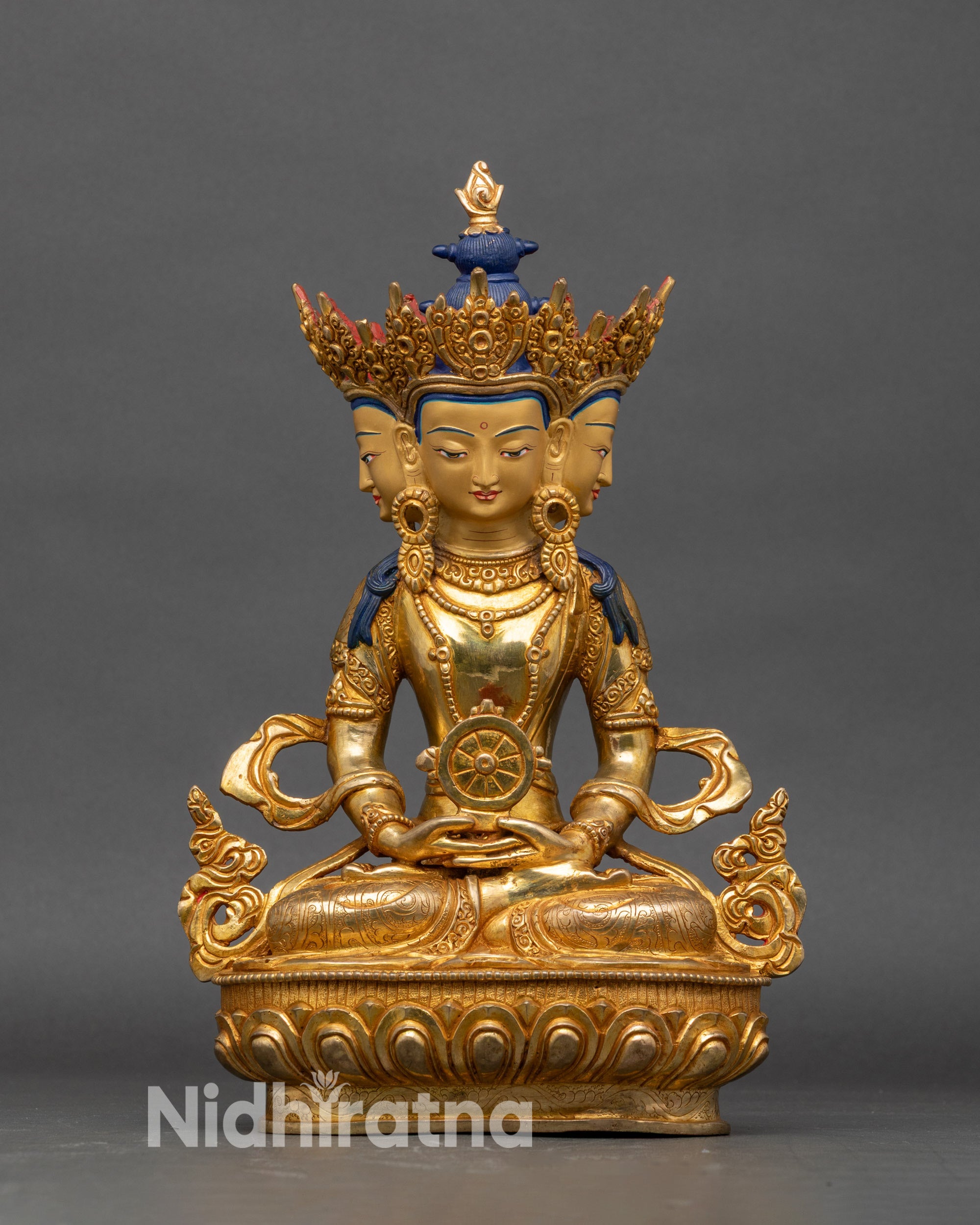 Front view Vairocana Buddha statue, lotus pedestal, gold-gilded Nepalese sculpture
