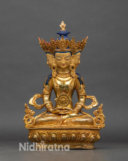 Front view Vairocana Buddha statue, lotus pedestal, gold-gilded Nepalese sculpture