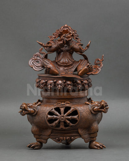 Front view Vajradhaka Statue for Meditation on incense burner base, handmade Nepalese