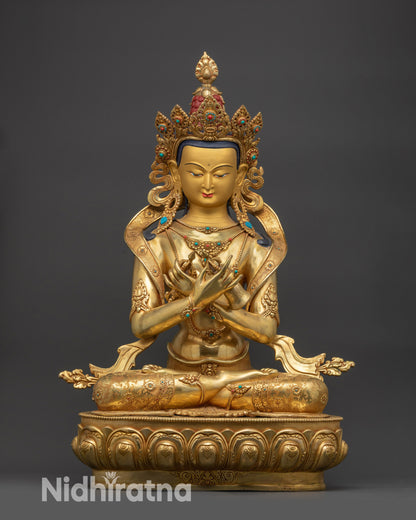Front view Vajradhara Buddha statue seated on a lotus base in serene meditation