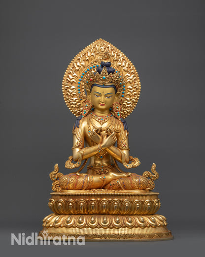 Front view Vajradhara Buddha statue with gold-gilded face and lotus pedestal