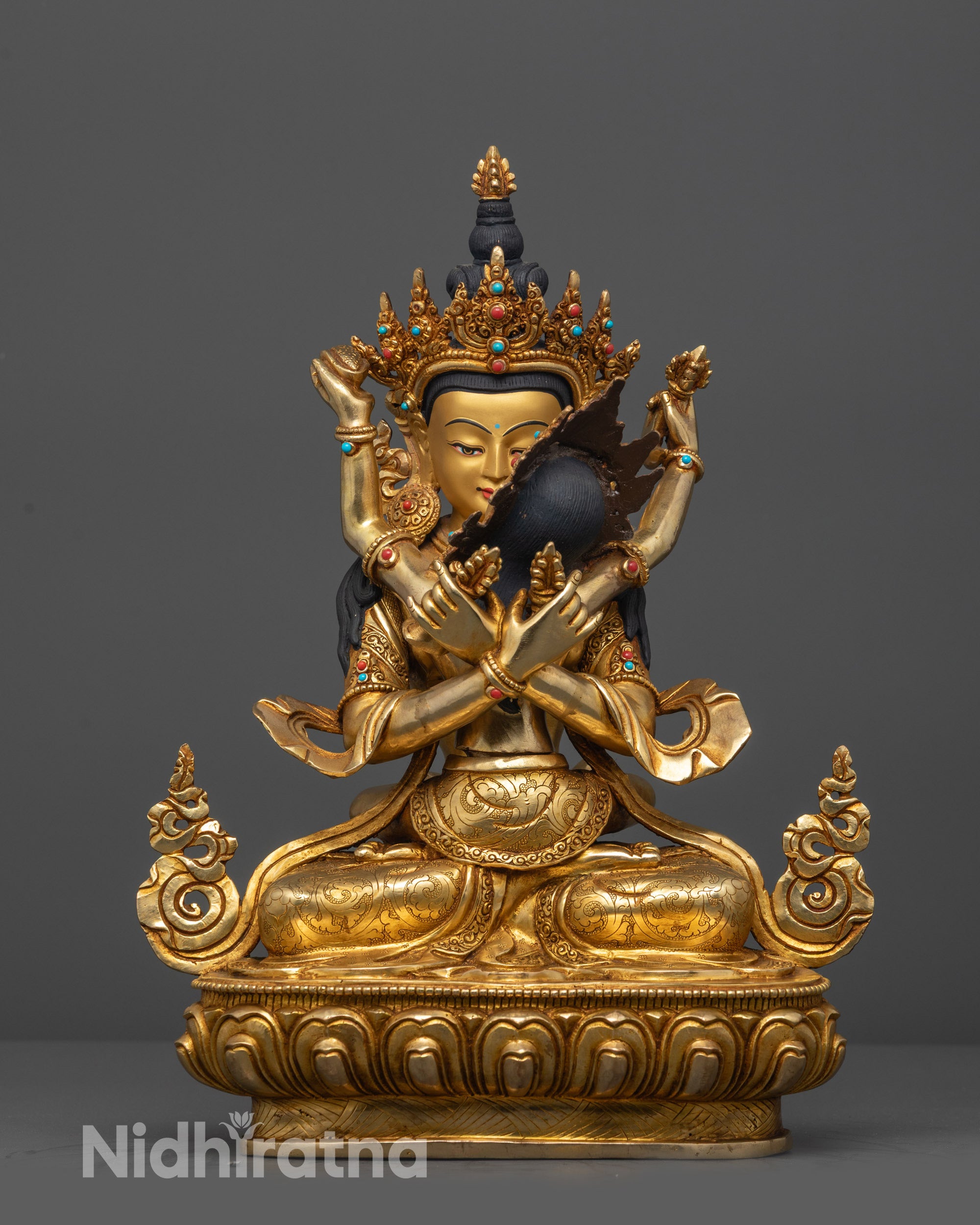 Front view Vajradhara Yab Yum statue with gold-gilded face and fire-gilded body