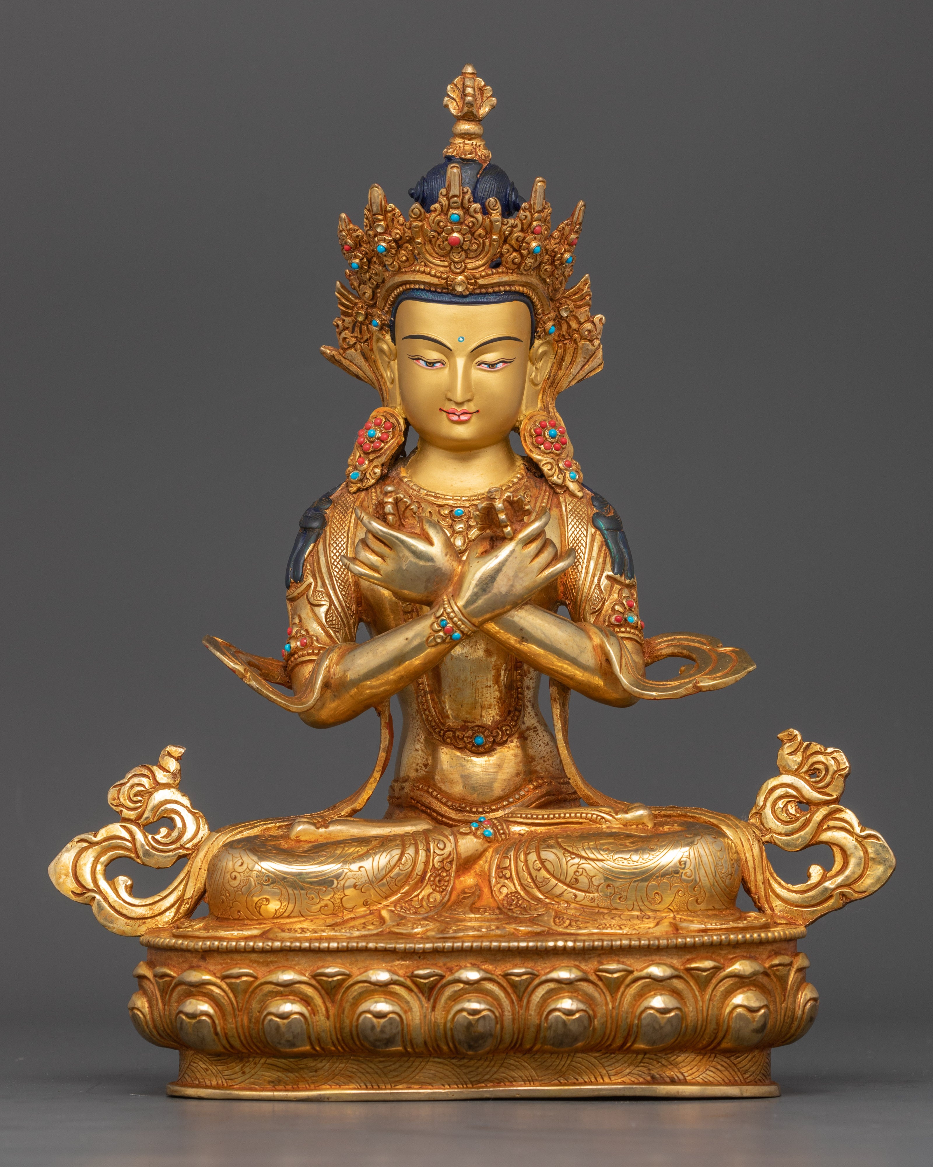 Front view Vajradhara statue gold-painted face copper Himalayan Buddhist art Nepal