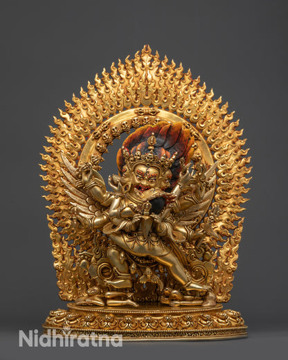 Front view Vajrakilaya Buddhist statue with Yamantaka on lotus and gold fire-gilded base
