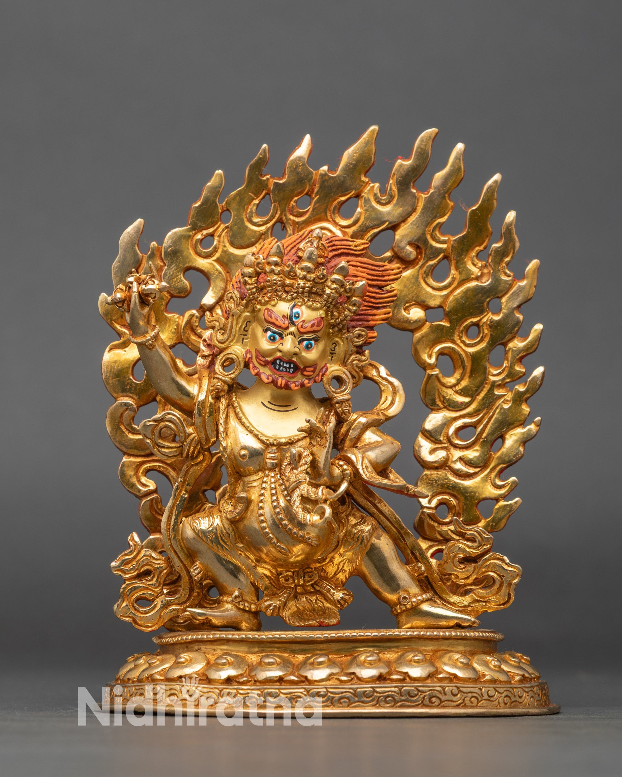Front view Vajrapani Chana Dorje statue gold-gilded copper Himalayan sculpture