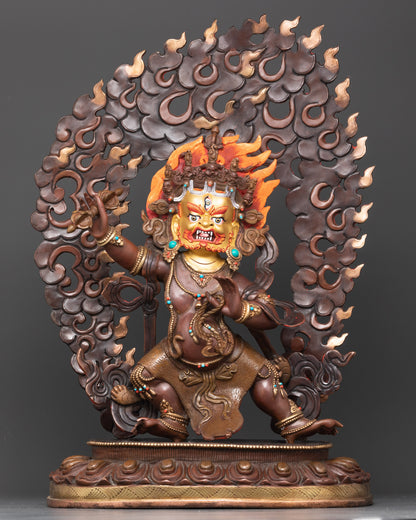 Front view Vajrapani Statue with gold-painted face, lotus pedestal, and wrathful posture