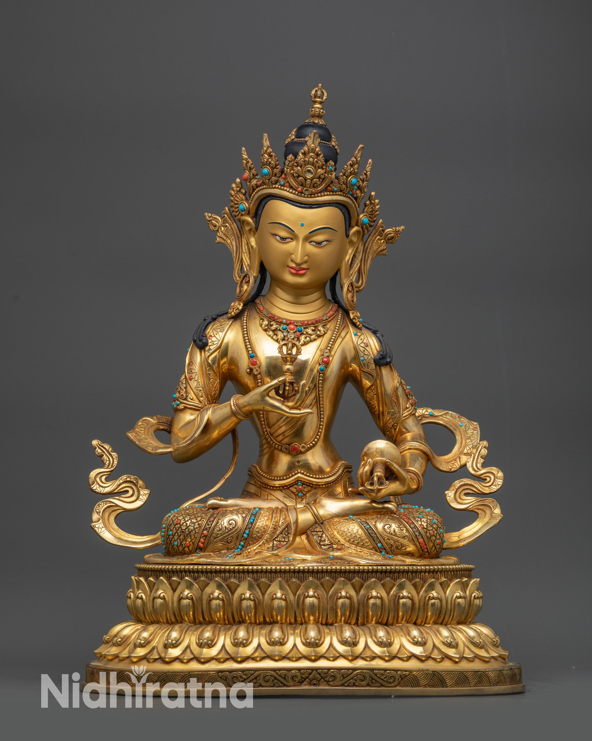 Front view Vajrasattva Dorje Sempa statue gold-gilded meditation Buddha on lotus seat
