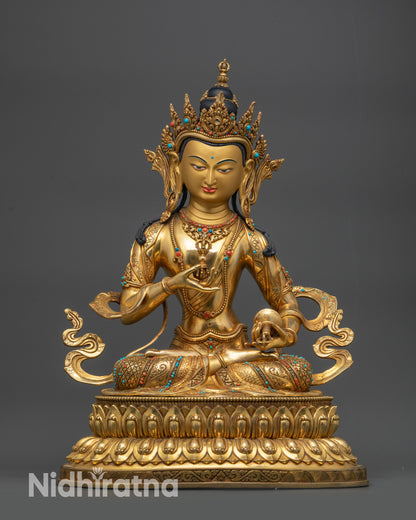 Front view Vajrasattva Dorje Sempa statue gold-gilded meditation Buddha on lotus seat
