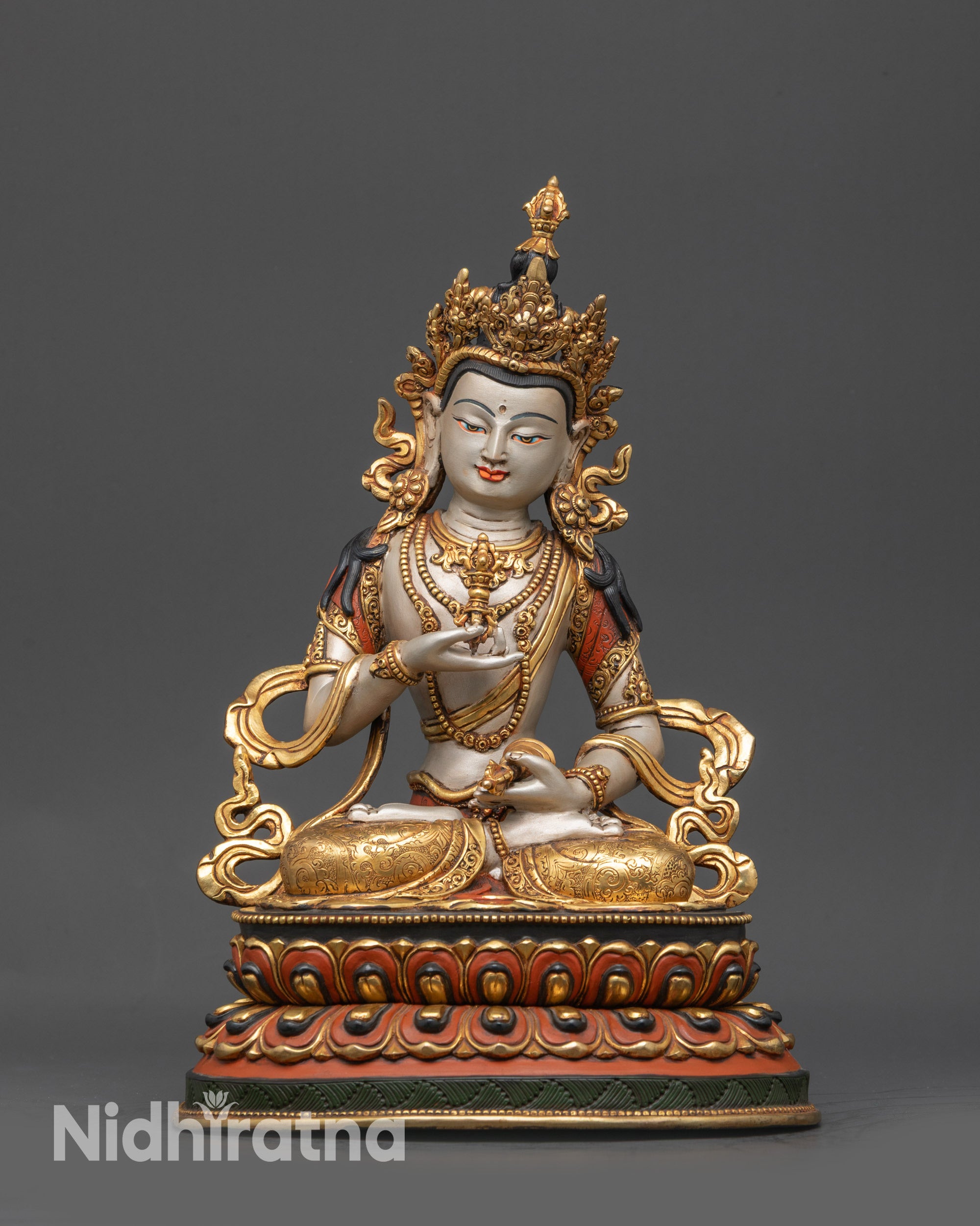 Front view Vajrasattva Dorje Sempa statue with gold-plated robe on double-layered lotus seat