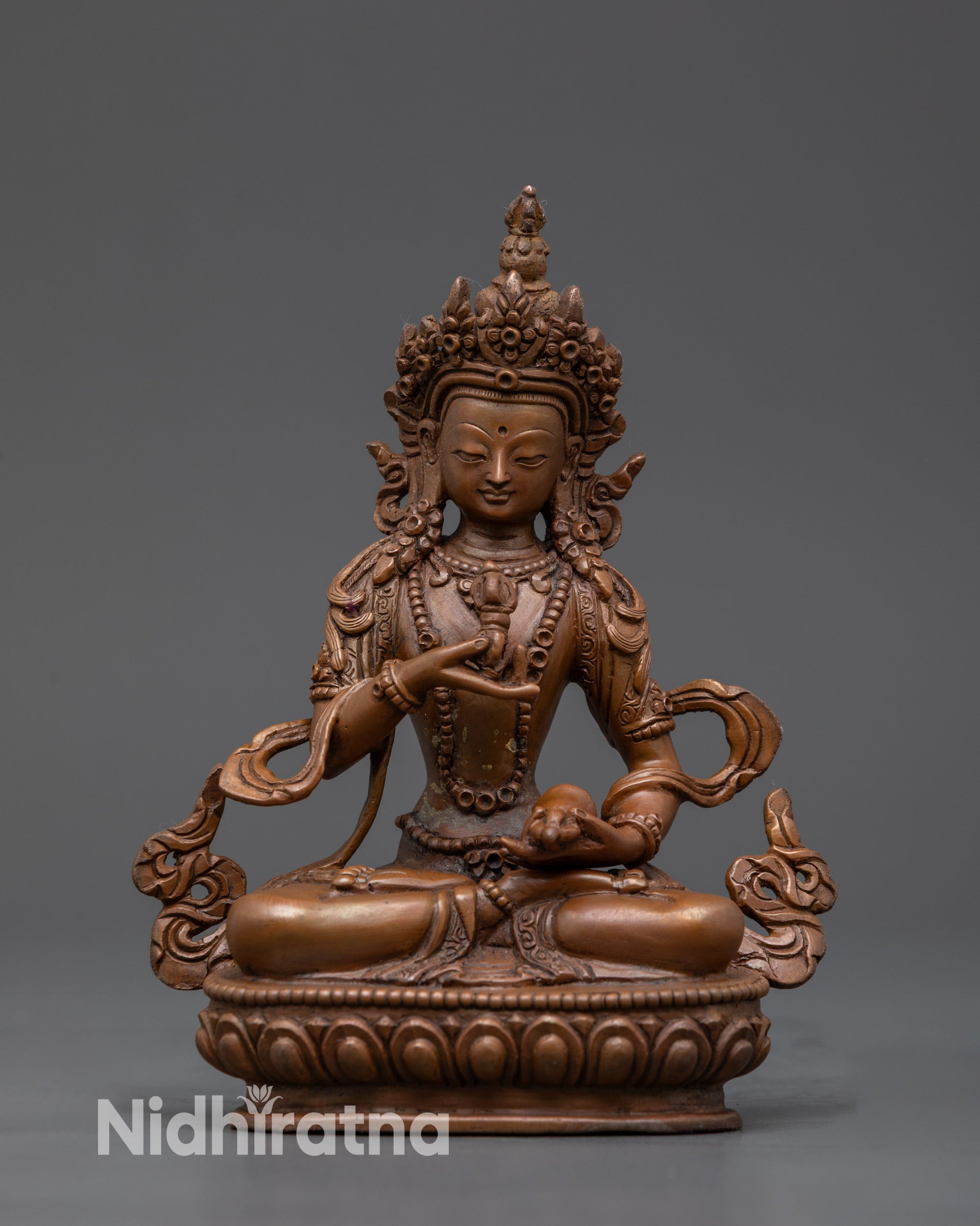 Front view Vajrasattva Idol Nepalese oxidized copper statue with lotus seat and Vajra Ghanta
