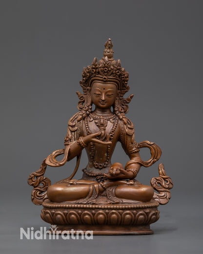 Front view Vajrasattva Idol Nepalese oxidized copper statue with lotus seat and Vajra Ghanta
