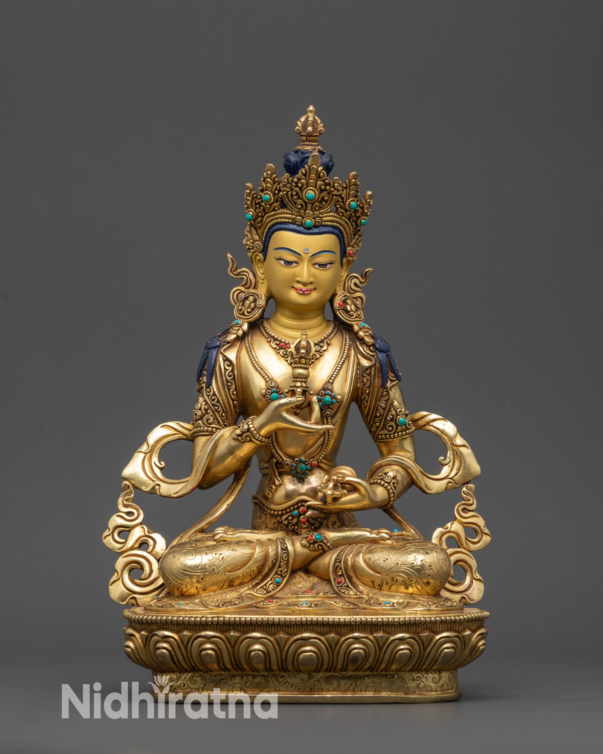 Front view Vajrasattva Statue Dorje Sempa on lotus seat with crown and jewels