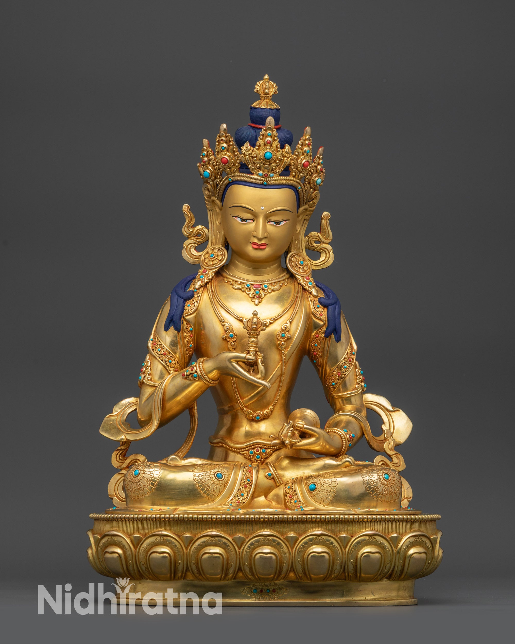 Front view Vajrasattva Statue Himalayan deity on lotus seat with vajra and bell
