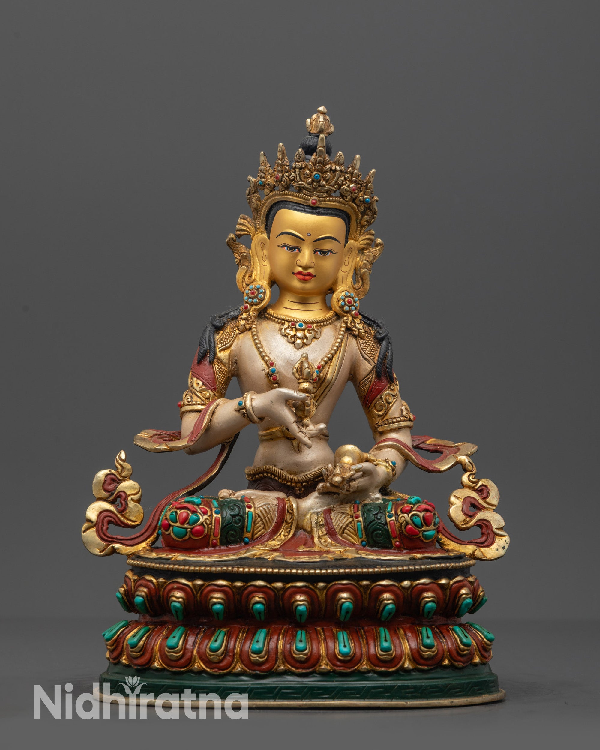 Front view Vajrasattva Statue with gold-gilded face and lotus base hand-carved by Nepalese artisans