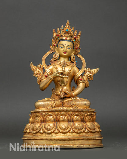 Front view Vajrasattva statue gold-gilded copper seated on double lotus throne