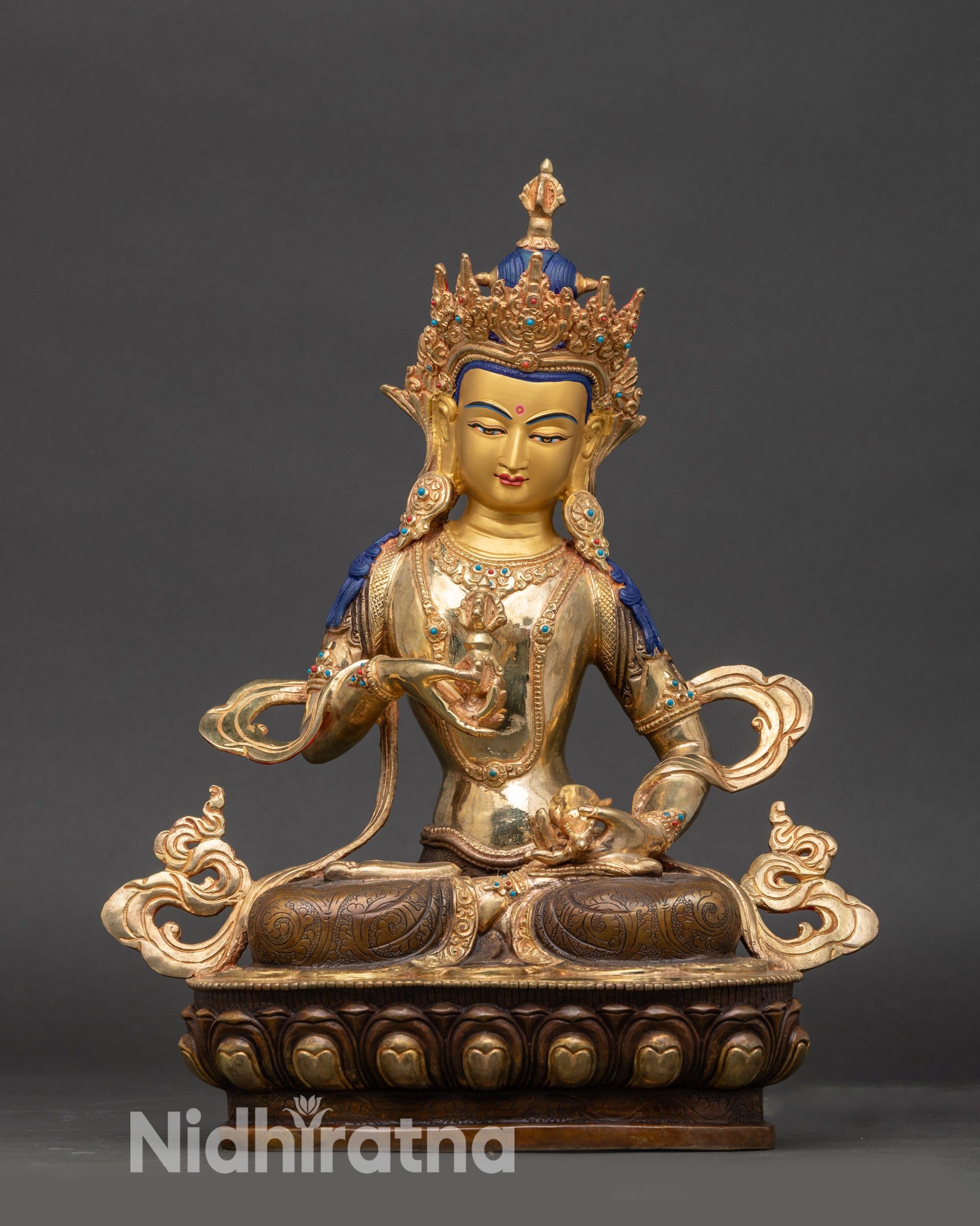 Front view Vajrasattva statue | gold copper with semi-precious stones | Nepalese Buddhist art