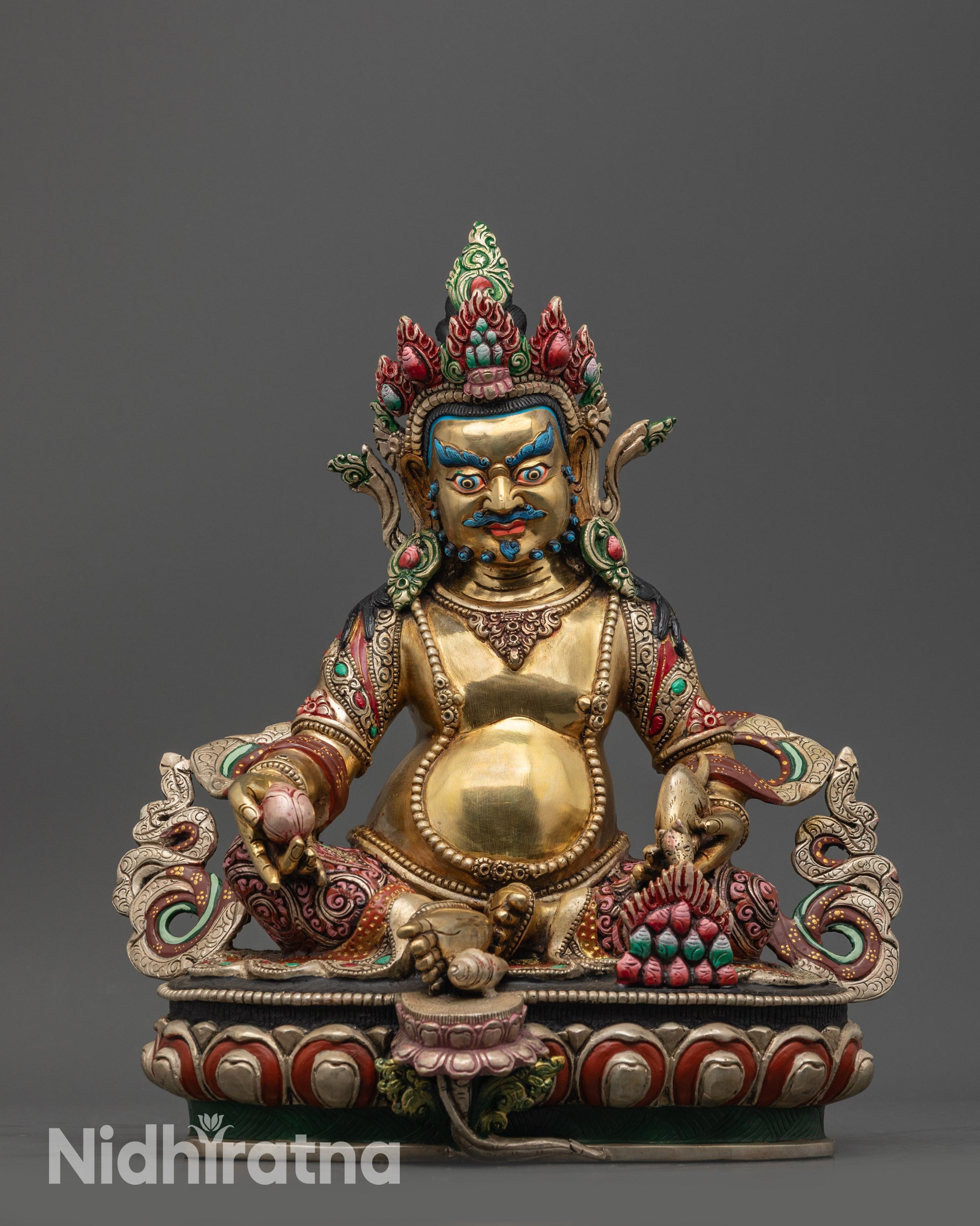 Front view Vajrayana Dzambhala statue with gold fire-gilded body and silver-plated robe
