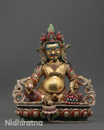 Front view Vajrayana Dzambhala statue with gold fire-gilded body and silver-plated robe
