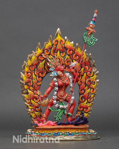 Front view Vajrayogini statue standing on lotus throne atop Kalaratri and Bhairava