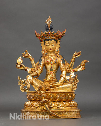 Front view Vasudhara Buddha statue copper 24K gold semi-precious stones double lotus pedestal Nepal