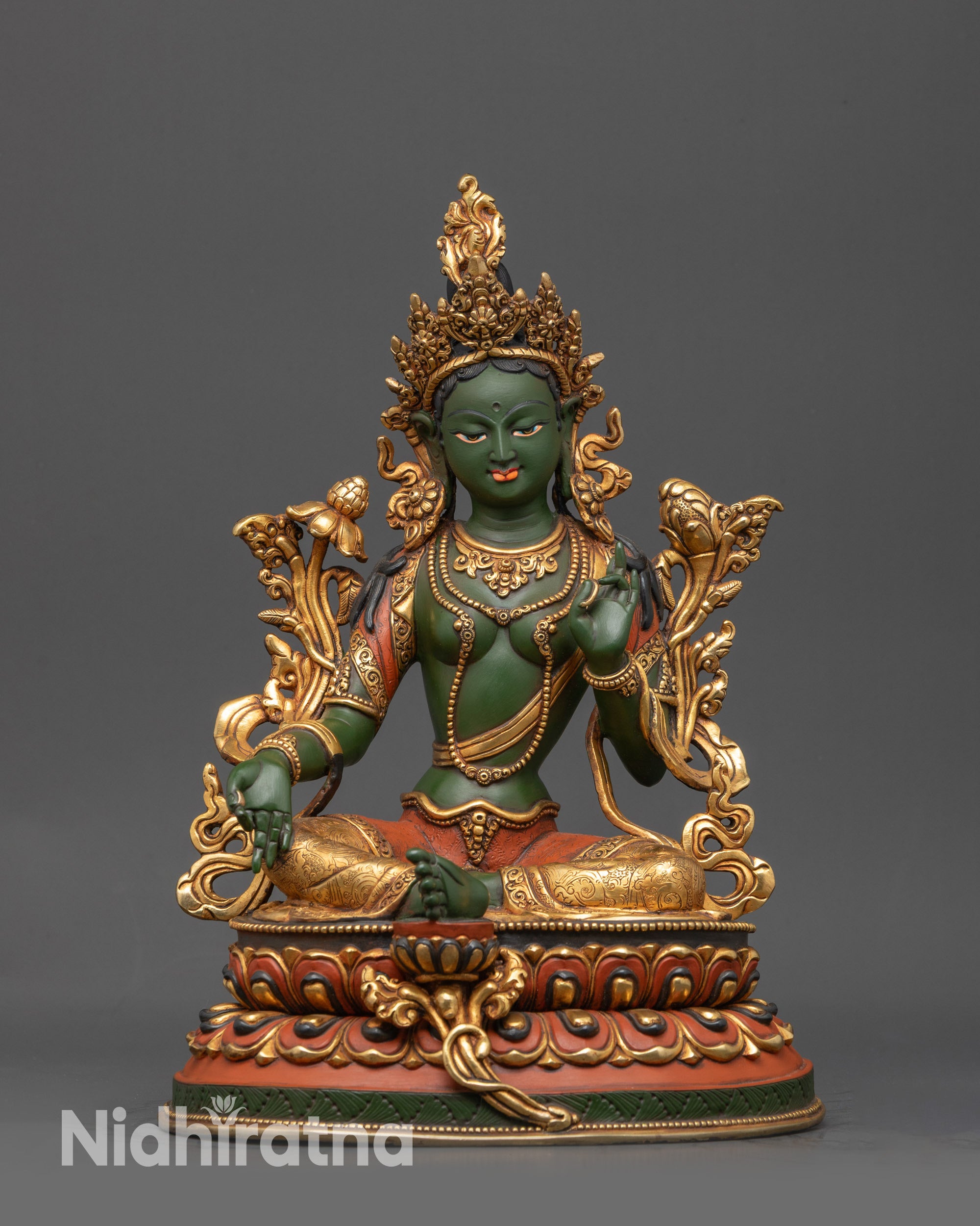Front view Vibrant Green Tara Statue on lotus seat with gold-plated details
