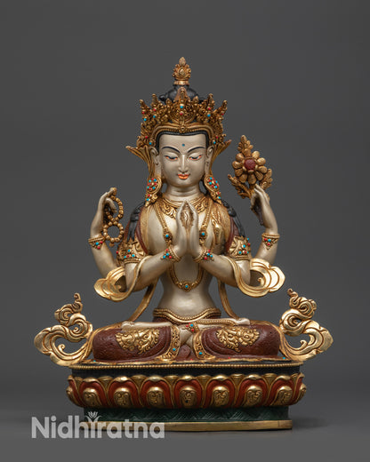 Front view White-Hued Four-Armed Chenrezig Statue with lotus pedestal and gold robe
