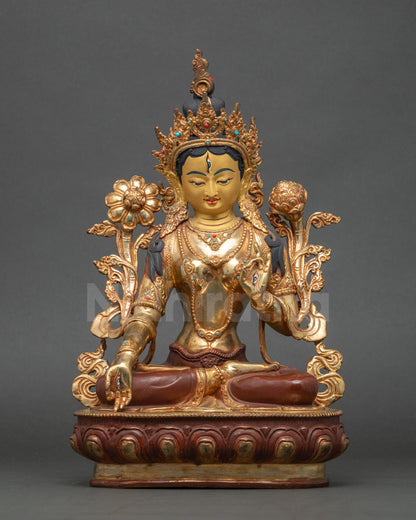Front view White Tara Buddha statue, handmade Nepalese copper, gold-painted face, oxidized finish