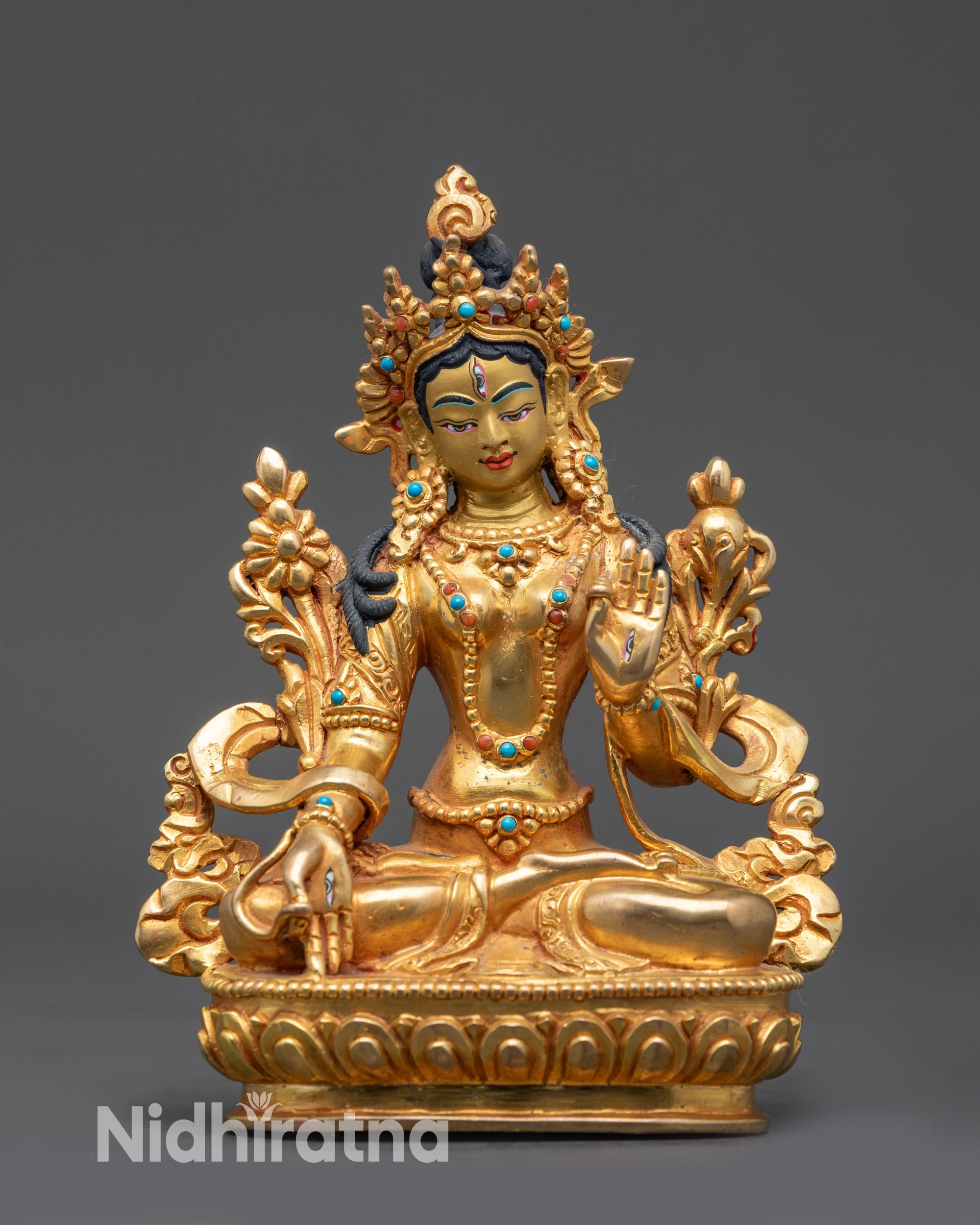Front view White Tara Meditation Sculpture gold-gilded copper alloy for home altar
