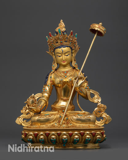 Front view White Umbrella Dukar Statue on gold fire-gilded lotus base
