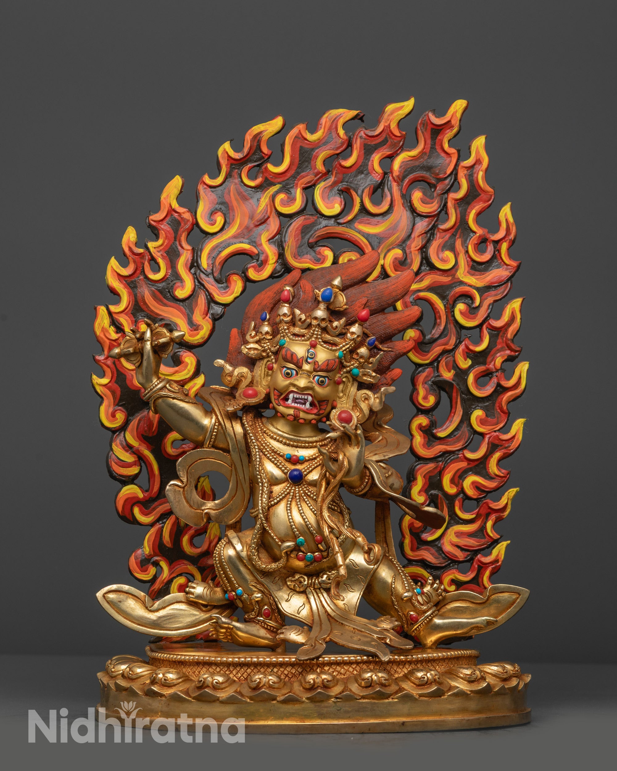 Front view Wrathful Vajrapani Statue with gold-gilded face and fire-gilded copper body
