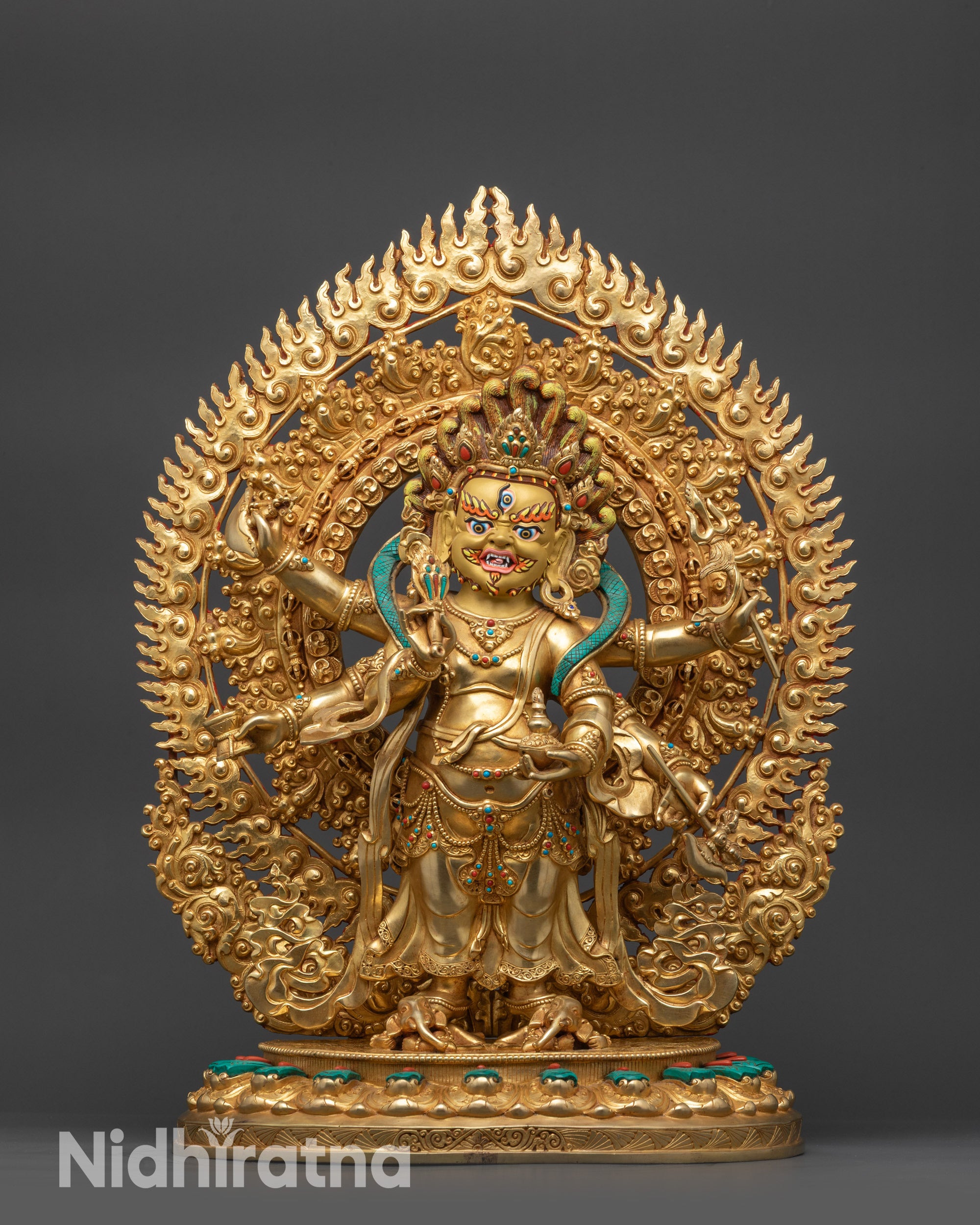 Front view Wrathful White Six-Armed Mahakala Statue with gold-fire gilded body