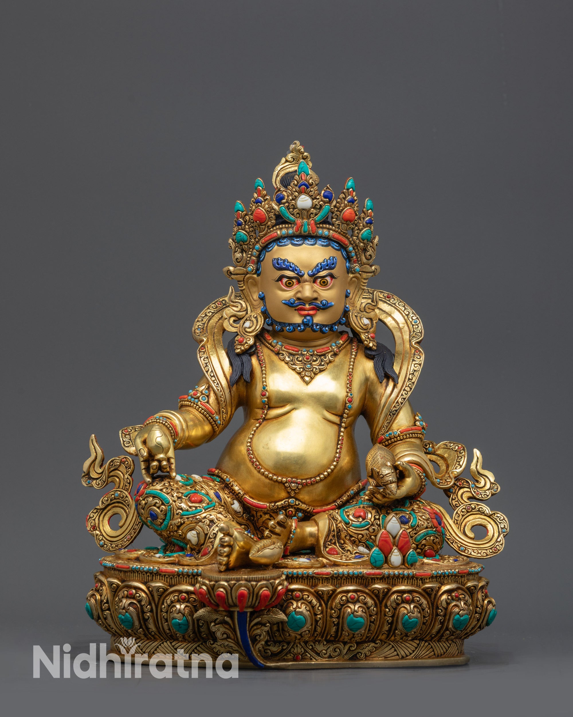 Front view Yellow Dzambhala Statue with gold-gilded face and jeweled crown