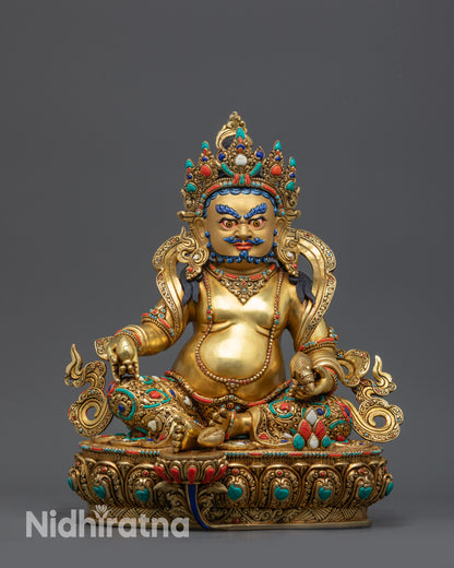 Front view Yellow Dzambhala Statue with gold-gilded face and jeweled crown