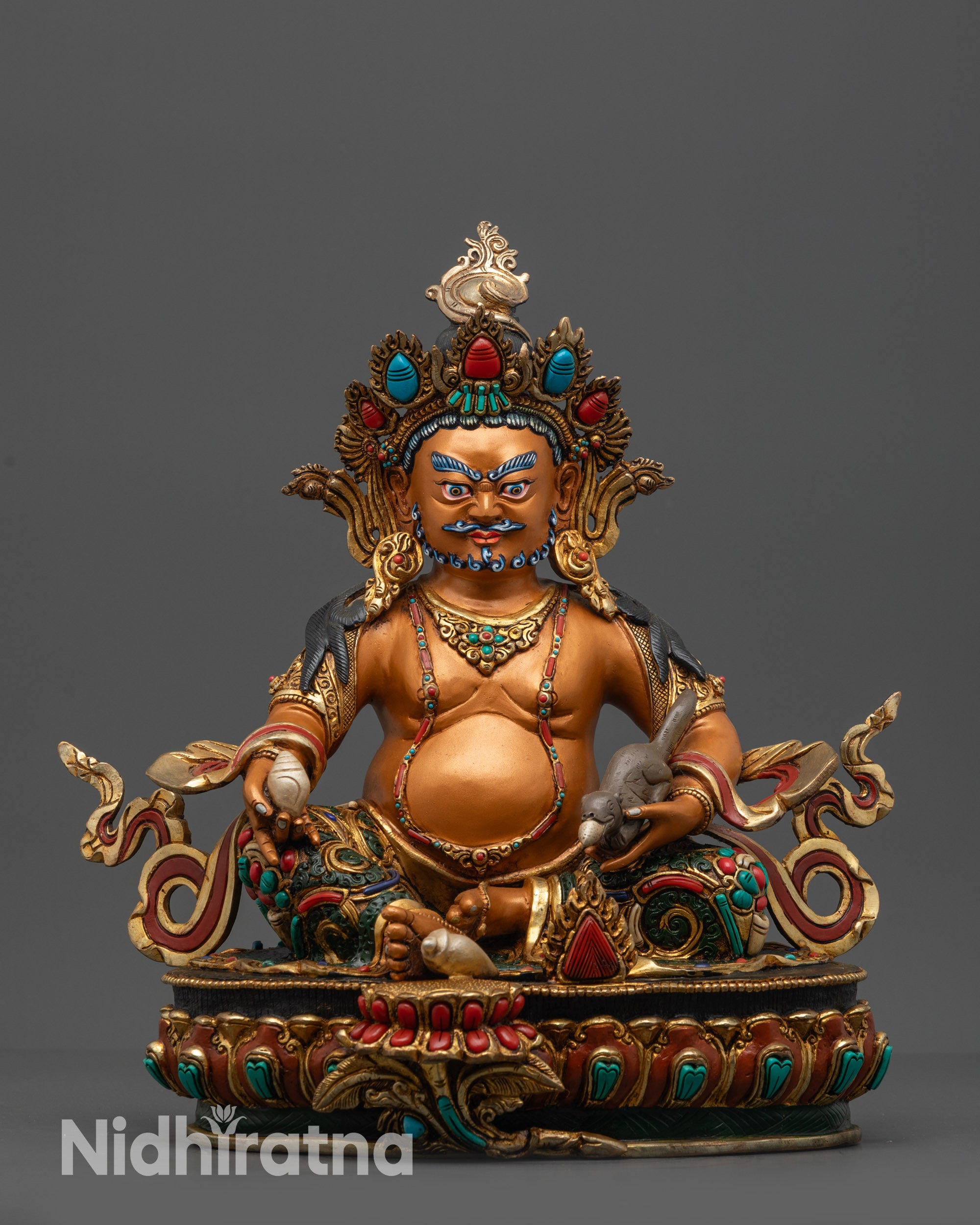 Front view Yellow Dzambhala Statue with gold plating and acrylic colors
