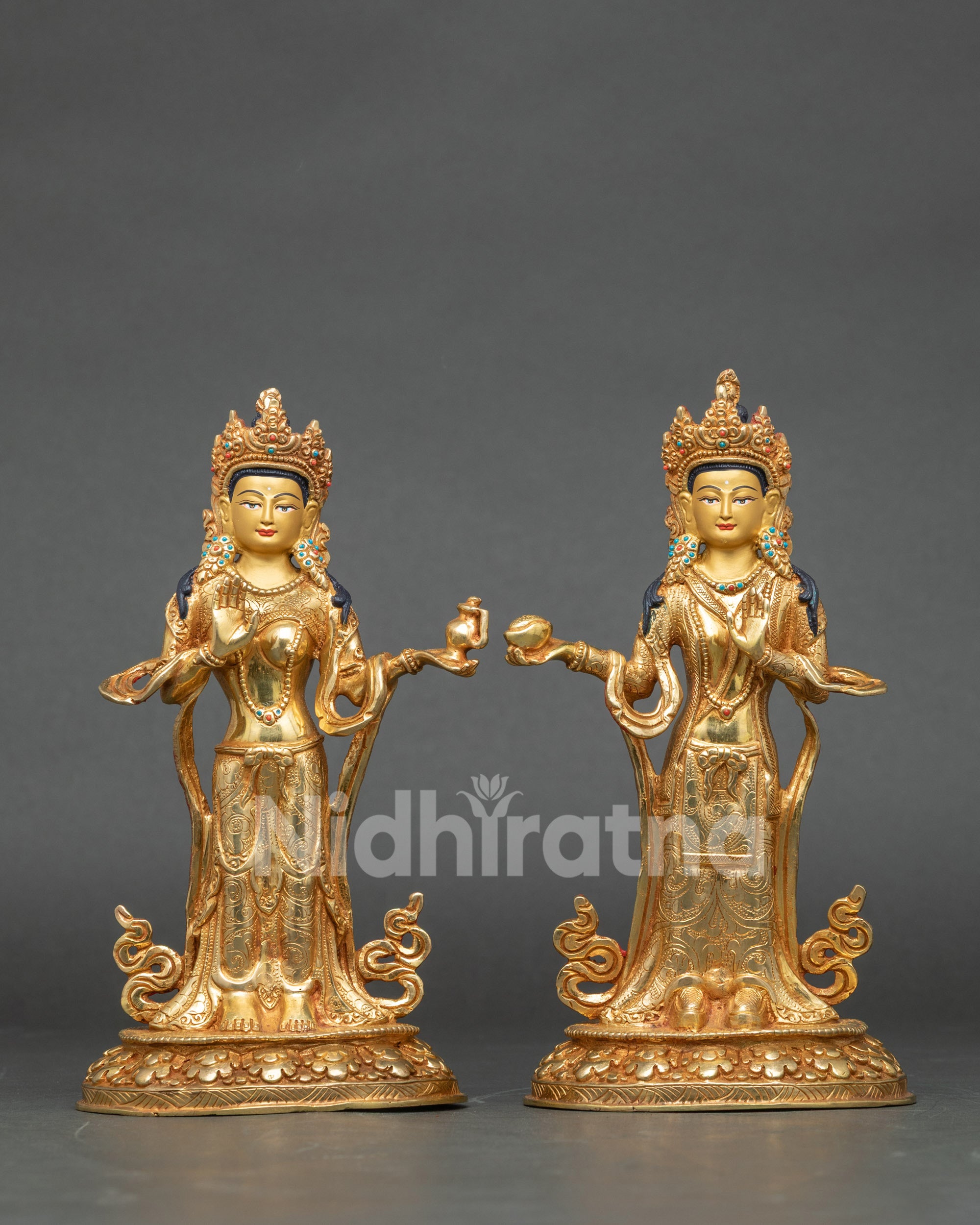 Front view Yeshe Tsogyal and Mandarava gold gilded copper Buddhist statues