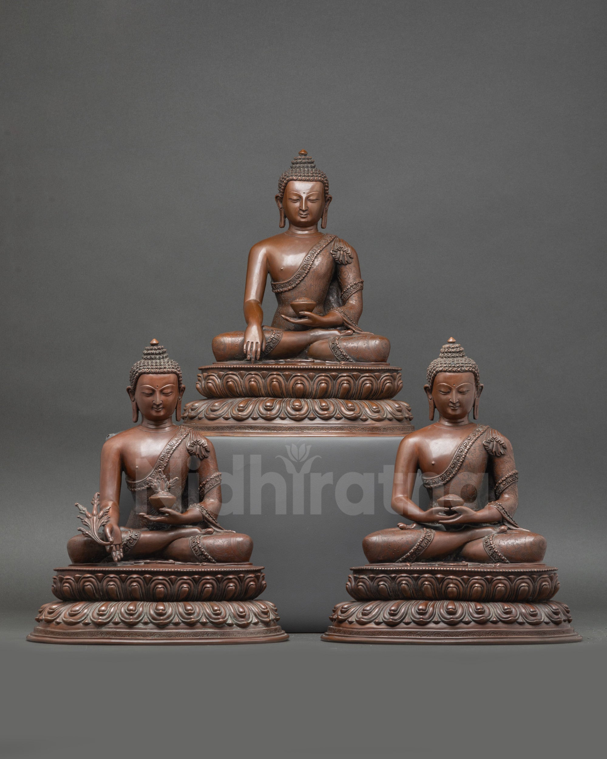 Front view chemically oxidized Three Buddha Set Amitabha Medicine Buddha Shakyamuni