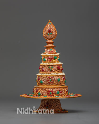 Front view copper Mandala Offering Set with gold-plated filigree design