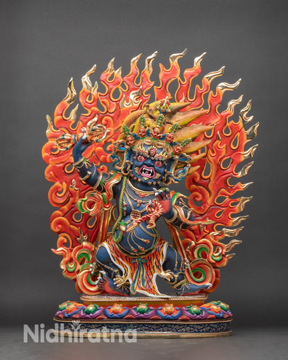 Front view copper Vajrapani statue with acrylic colors and lotus seat