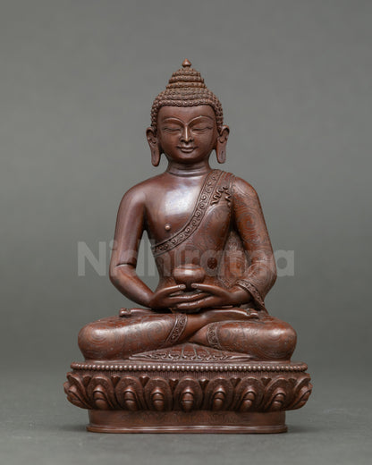 Front view fully oxidized Amitabha Buddha statue seated on lotus, handmade copper Nepal