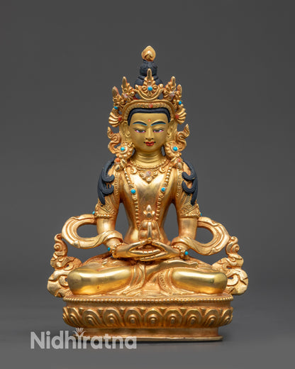 Front view gold fire-gilded Amitayus statue holding kalasha, copper alloy longevity Buddha
