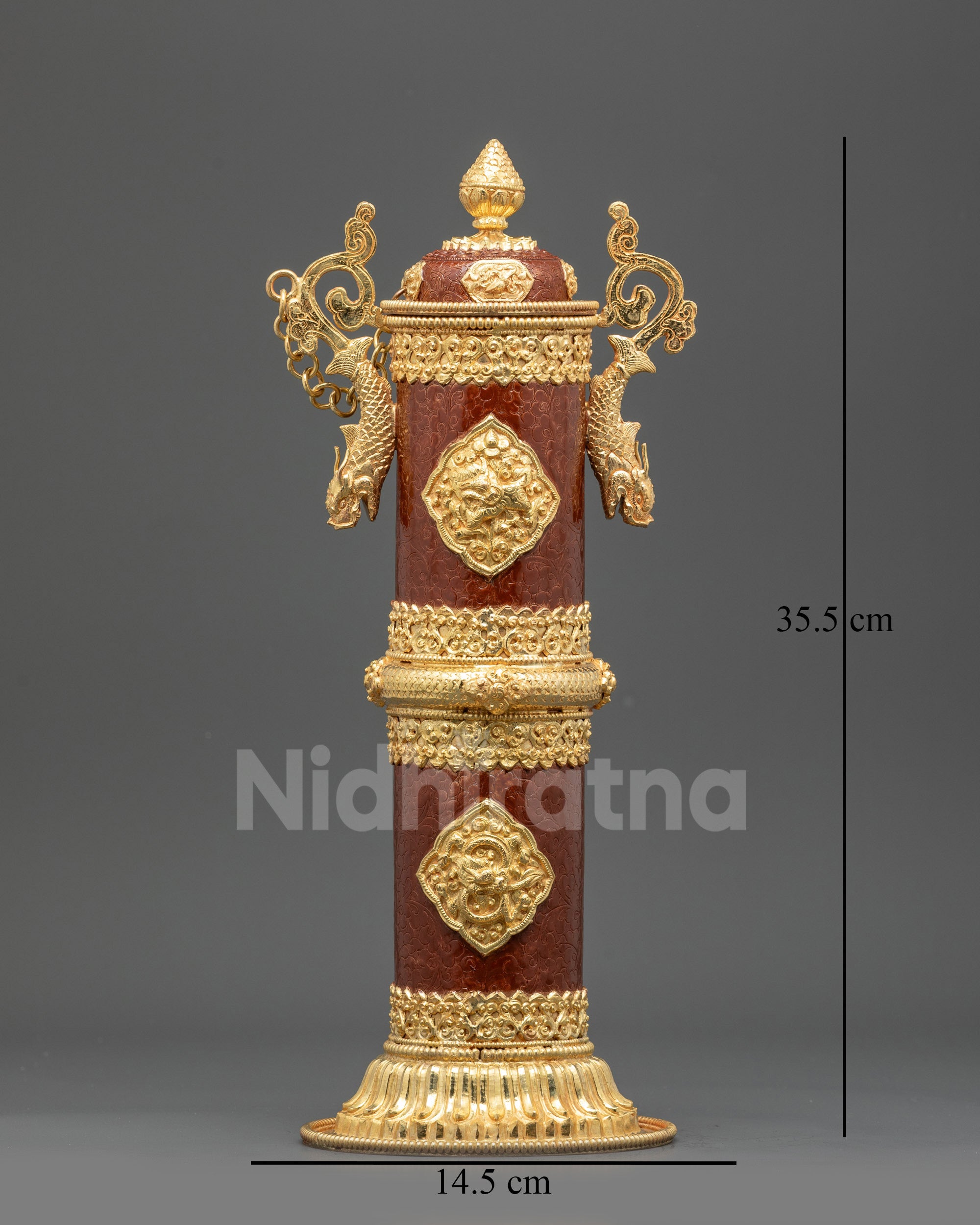 Front view hand-painted copper incense holder with gold-plated dragon handles