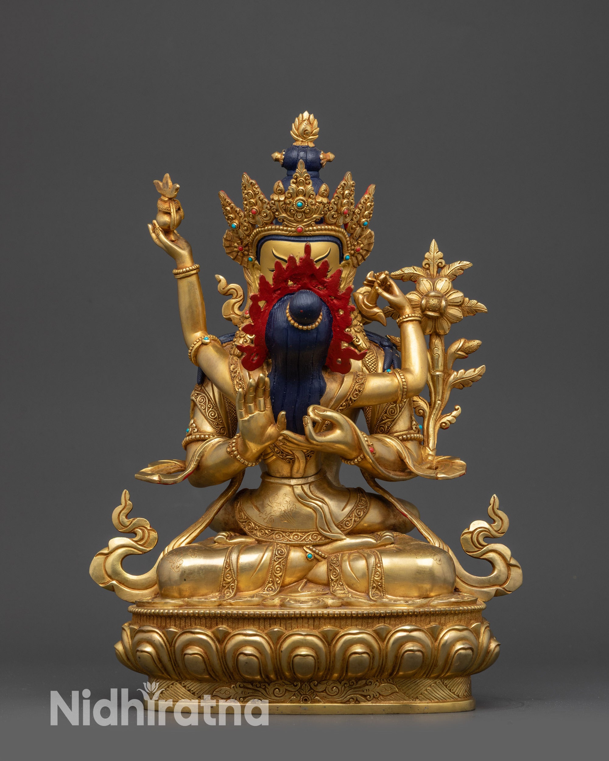 Front view handmade Buddha consort sculpture gold fire gilded Himalayan artwork