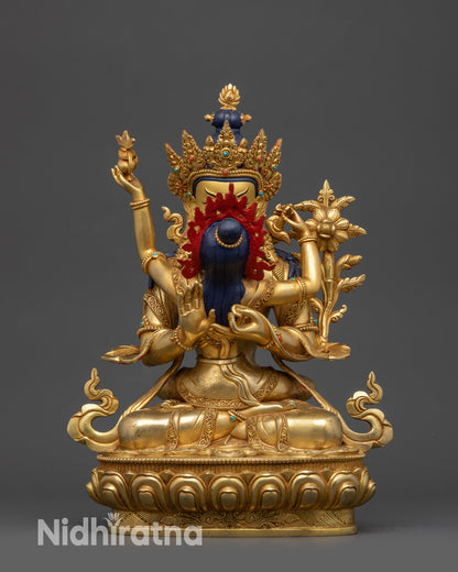 Front view handmade Buddha consort sculpture gold fire gilded Himalayan artwork