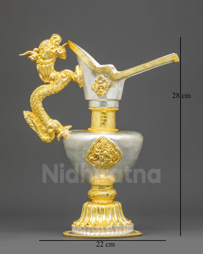 Front view handmade copper Bumba with gold silver plating, dragon handle ritual water vessel Nepal