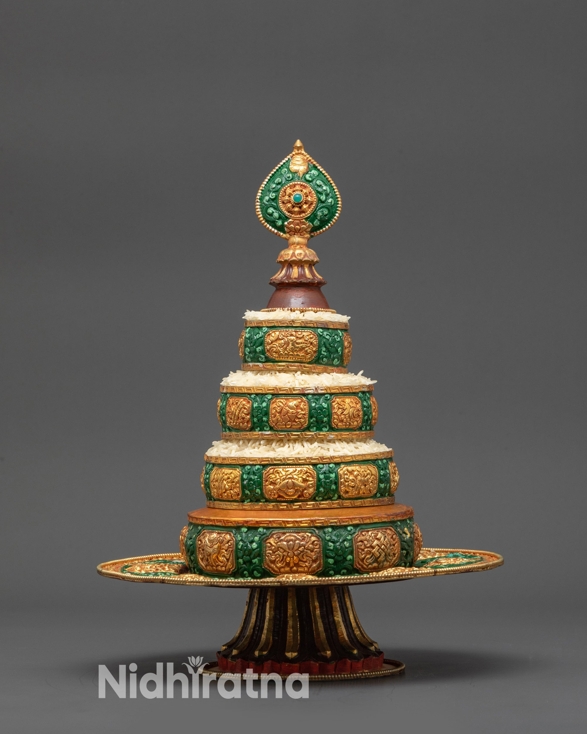 Front view of 10-inch Mandala Set with gold-plated auspicious symbols