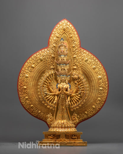 Front view of 1000-Armed Chenrezig Statue hand-carved from copper