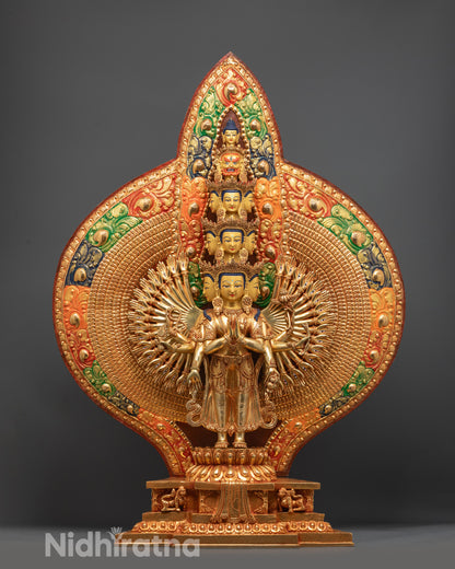 Front view of 1000-Armed Chenrezig Statue with 24K gold face and lotus throne