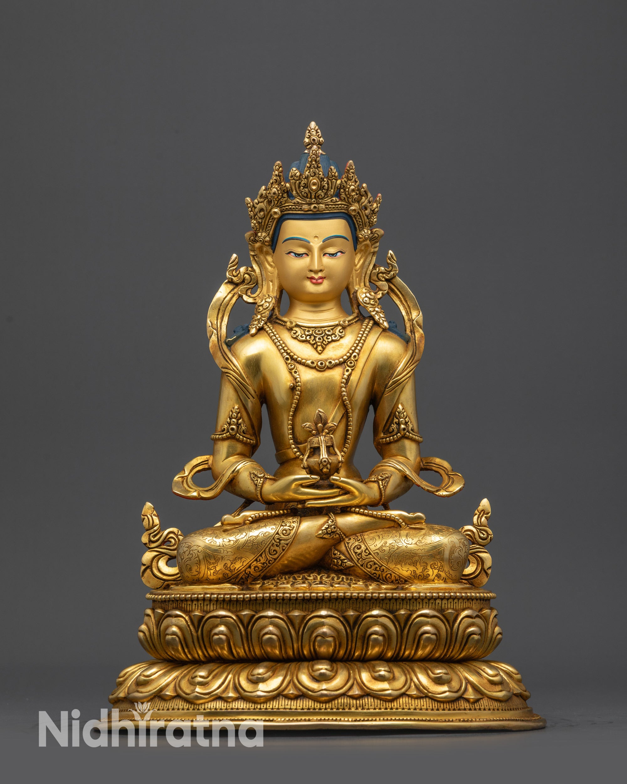 Front view of 13-inch Amitayus Buddha Statue with gold fire-gilded base