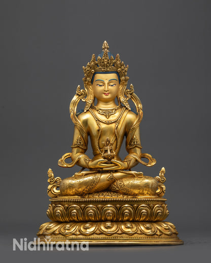 Front view of 13-inch Amitayus Buddha Statue with gold fire-gilded base